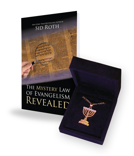Exquisite Menorah pendant that is handcrafted in the style of the Temple Menorah, emblem of the State of Israel and The Mystery Law of Evangelism Revealed book by Sid Roth.
