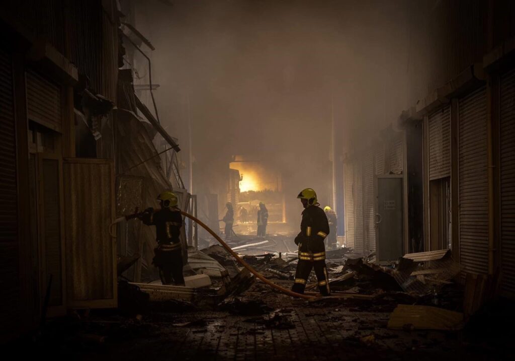 Fireman trying to put out fires in Ukraine.