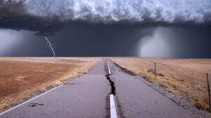 Road with a crack on it and lighting and dark clouds in the background.