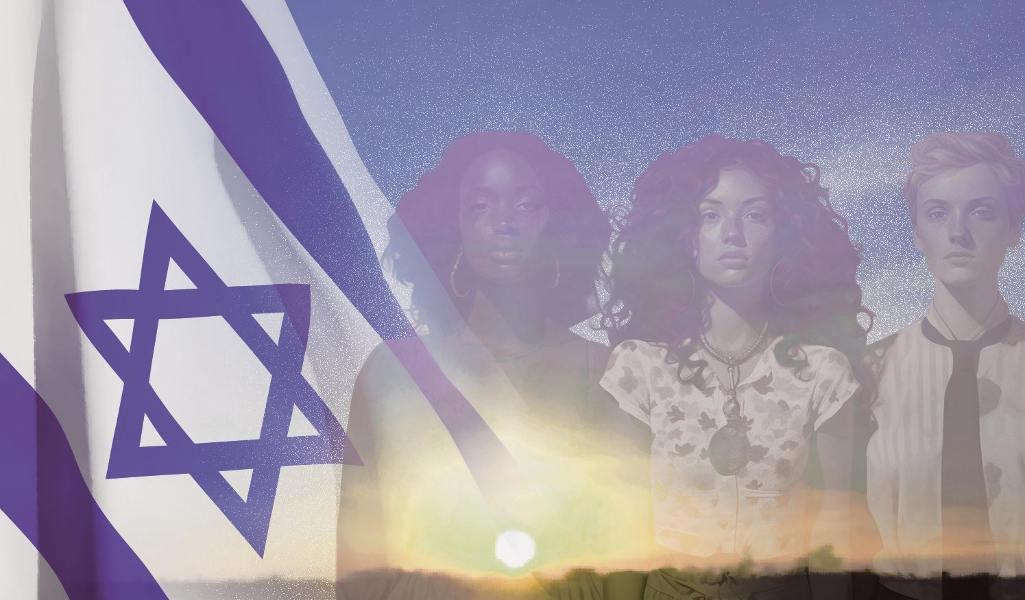 Three woman looking forward with a Israeli flag next to them.