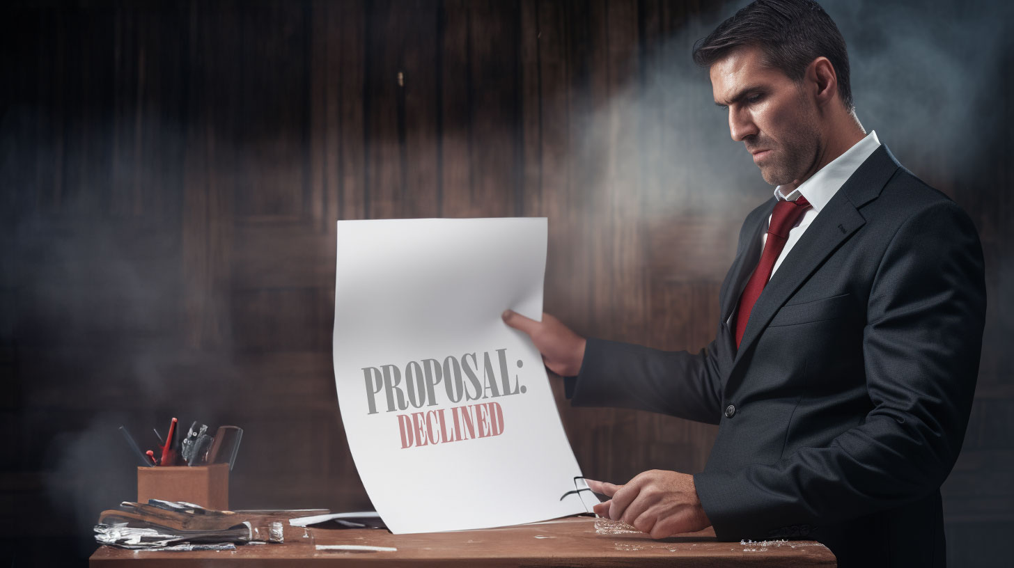 Man holding a paper that reads Proposal: declined