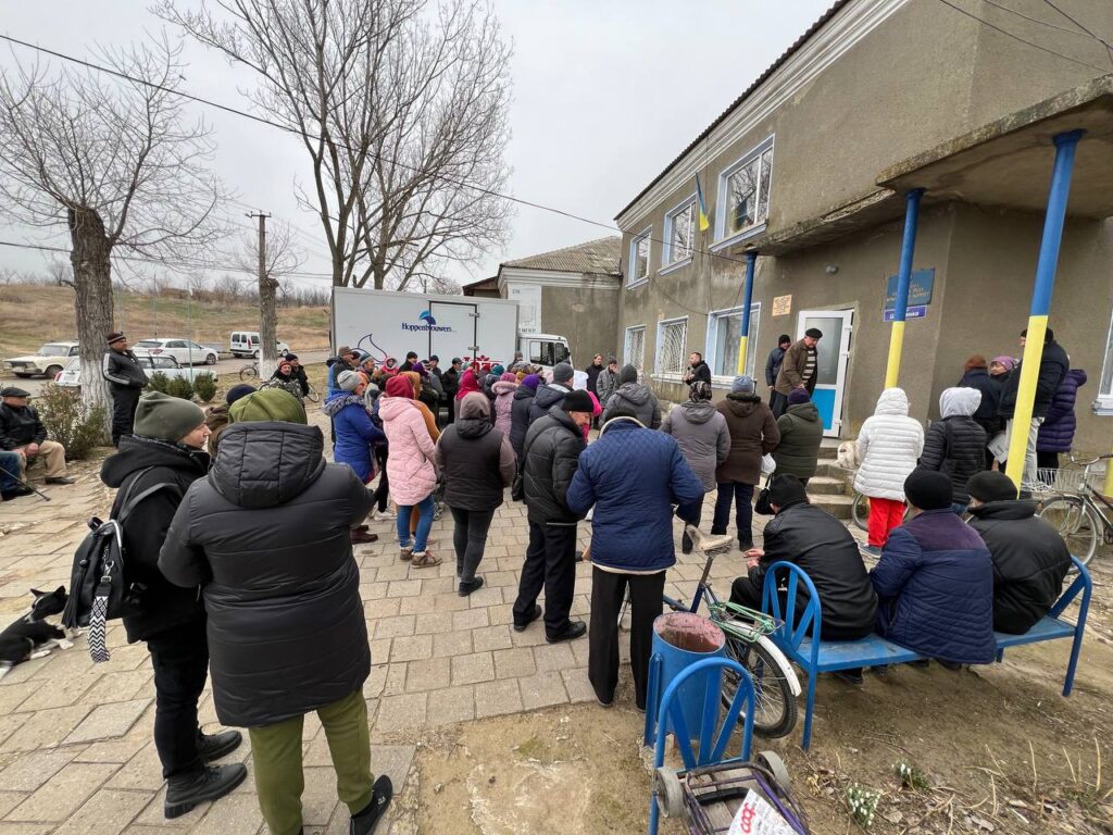 People gathered outside of the mayors office during an outreach in Izmail
